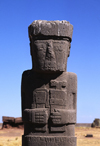 Tiwanaku / Tiahuanacu, Ingavi Province, La Paz Department, Bolivia: the Ponce Monolith in the center of the Kalasasaya Temple courtyard - from the waist up - UNESCO world heritage site - Spiritual and Political Centre of the Tiwanaku Culture - photo by C.Lovell