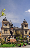 La Paz, Bolivia: Metropolitan Cathedral, started in 1835 and the Pedro Murillo monument - hosts the remains of Mariscal Andrs de Santa Cruz y Calahumana - Plaza Murillo, former Plaza de los Espaoles - photo by M.Torres