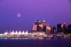 Vancouver, BC, Canada: Full moon over Vancouver - city skyline at sunset - Canada Place - photo by D.Smith