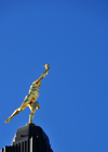 Winnipeg, Manitoba, Canada: Legislative building - Statue of the Golden Boy on the top of the dome - a gift from France - gilded 5.25 meter tall figure sculpted by Charles Gardet - ' Eternal Youth' - modelled after a sixteenth century statue to Hermes Trismegestus (Mercury) by Giovanni da Bologna - photo by M.Torres