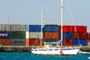 Palmeira, Sal island / Ilha do Sal - Cape Verde / Cabo Verde: sailing boat 'Lovely Bimba' and containers in the harbour - photo by E.Petitalot