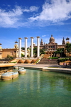 Barcelona, Catalonia: Montjuic - Magic Fountain, four Ionic columns, stairs leading to the Palau Nacional - photo by M.Torres