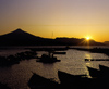 Araucana Region, Chile - Pucn: Lake Villarica - marina and Villarica volcano at sunset - photo by Y.Baby