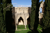 Bellapais, Kyrenia district, North Cyprus: Bellapais abbey - courtyard with Mediterranean Cypress trees - photo by A.Ferrari