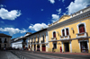 Quito, Ecuador: La Prensa Catlica bookshop, Benalcazar Restaurant and Banco Pichincha - Plaza San Francisco - east side - Calle Sebastin de Benalcazar - photo by M.Torres