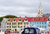 Trshavn, Streymoy island, Faroes: Vgsbotni - Vestaravag harbour and Tiganes - colourful gabled entrept buildings with the Cathedral in the background, Evangelical-Lutheran national church of the Faroe Islands (Havnar Kirkja - Dmkirkjan) - photo by A.Ferrari