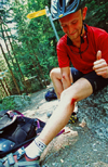 Chamonix, Haute-Savoi, Rhne-Alpes, France: injured but happy mountainbiker - Tour du Mont Blanc trail - photo by S.Egeberg