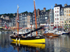 Honfleur, Calvados, Basse-Normandie, France: sail boat at the Vieux Bassin - buildings on Quai Sainte-Catherine - photo by A.Bartel