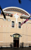 Gibraltar: Catholic Cathedral of Saint Mary the Crowned, Main Street - pediment, cross and main gate - photo by M.Torres