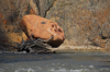 Kazakhstan, Charyn Canyon: Valley of the Castles - giant boulder by the Charyn river - photo by M.Torres