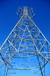 Mohale Dam, Lesotho: electricity pylon - transmission tower against the sky - steel lattice tower - photo by M.Torres