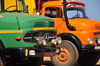 Tsimafana, Belo sur Tsiribihina district, Menabe Region, Toliara Province, Madagascar: Mercedes-Benz trucks wait for the ferry - photo by M.Torres