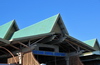 Plaine Corail, Rodrigues island, Mauritius: Sir Gatan Duval (Rodrigues) Airport - steep roofs of the terminal building, airside - photo by M.Torres