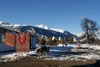 Chechnya, Russia - landscape in winter with mountains, traditional carpets, haystacks and dog - photo by A.Bley