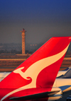 Johannesburg, Gauteng, South Africa: Qantas aircraft tail and control tower - 'The Flying Kangaroo' designed by Hans Hulsbosch - Qantas Boeing 747-438 VH-OJO 'The Spirit of Australia' (cn 25544/894) - OR Tambo International / Johannesburg International Airport / Jan Smuts / JNB - Kempton Park, Ekurhuleni - photo by M.Torres