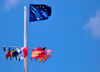 Gustavia, St. Barts / Saint-Barthlemy: Flag of Europe and courtesy flags in the harbour - photo by M.Torres