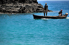 Lagoa Azul, Lobata district, So Tom and Prncipe / STP: fishermen in their motorized canoe / pescadores numa canoa com motor - dongo - photo by M.Torres