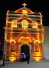 Cagliari, Sardinia / Sardegna / Sardigna: St. Efisio Church at night - faade with lights - pediment with decorative scrolls - Chiesa di Sant'Efisio - quartiere di Stampace - photo by M.Torres