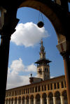 Damascus / Damas Esh Sham / Damasco / Dimashq / ash-Sham / DAM : Omayyad / Umayyad Mosque - inner court - arch and the Minaret of the Bride - tower - Grand Mosque of Damascus, built by al-Walid, the sixth Umayyad caliph after demolishing thr Byzantine church of St Mary at Antioch - photographer: M.Torres