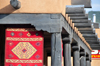 Taos, New Mexico, USA: carpet protects a colonnade from the sun - Taos Plaza - photo by M.Torres