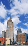 Kansas City, Missouri, USA: view along view from Baltimore Ave. - Power and Light Entertainment District - Kansas City Power and Light Building and President Hotel - Crowne Plaza, One Kansas City Place and Town Pavilion in the background - photo by M.Torres