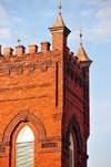 Charlotte, North Carolina, USA: Grace A.M.E. Zion Church tower detail - 1902 red brick late Gothic Revival style building, one of the oldest black churches in Charlotte - S. Brevard Street - photo by M.Torres