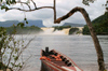 163 Venezuela - Bolivar - Canaima National Park - an old boat and Salto Ucaima in the background, Canaima lagoon - photo by A. Ferrari